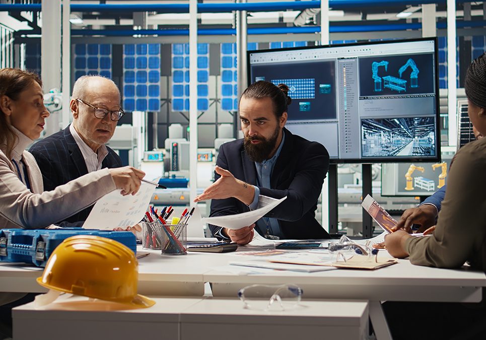 Engineers study detailed schematics of solar panel assembly lines, refining production layouts and component configurations for efficiency, outlining documentation for new prototypes, camera A